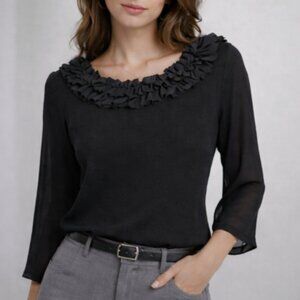 Black Ruffle Neck Blouse Size 8 Semi Sheer Sleeves